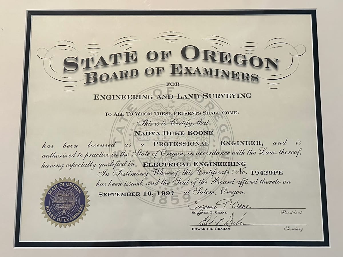 A photo of my Oregon engineering license