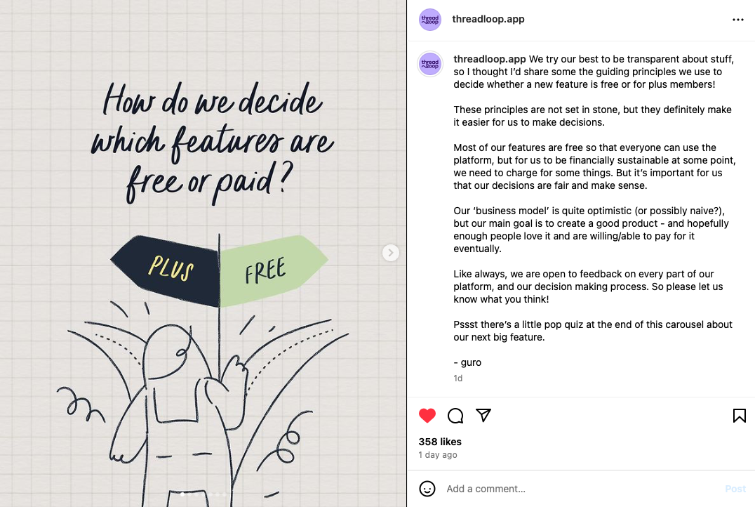 Screenshot of an Instagram post about Threadloop pricing